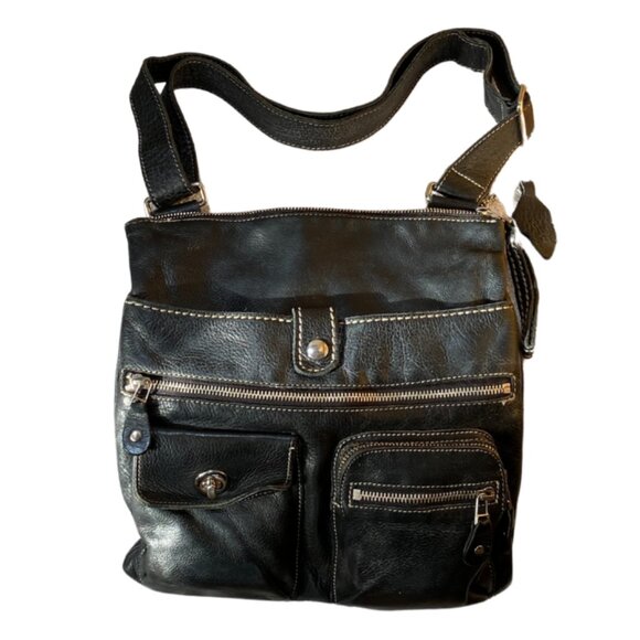 ROOTS Venetian Village Prince Black Leather Crossbody Purse - Picture 1 of 7